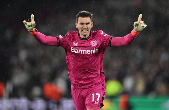 LONDON, ENGLAND - APRIL 18: Matej Kovar of Bayer 04 Leverkusen celebrates after the goal scored by Jeremie Frimpong during the UEFA Europa League 2023 24 Quarter-Final second leg match between West Ham United FC and Bayer 04 Leverkusen at Olympic Stadium on April 18, 2024 in London, E West Ham United FC v Bayer 04 Leverkusen: Quarter-Final Second Leg - UEFA Europa League 2023 24 Copyright: xSebastianxFrejx