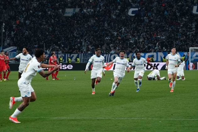 Sport Bilder des Tages Joie - Olympique de Marseille FOOTBALL : Olympique de Marseille vs SL Benfica - Ligue Europa - Quart de finale retour - Marseille - 18 04 2024 NorbertScanella Panoramic 