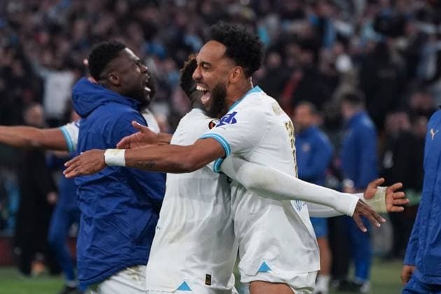Joie - Pierre Emerick Aubameyang (Olympique de Marseille) FOOTBALL : Olympique de Marseille vs SL Benfica - Ligue Europa - Quart de finale retour - Marseille - 18 04 2024 NorbertScanella Panoramic 