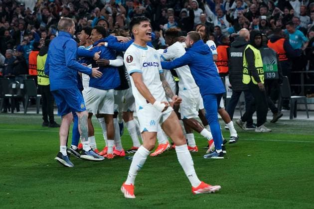 Joie - Carlos Joaquin Correa (Olympique de Marseille) FOOTBALL : Olympique de Marseille vs SL Benfica - Ligue Europa - Quart de finale retour - Marseille - 18 04 2024 NorbertScanella Panoramic 