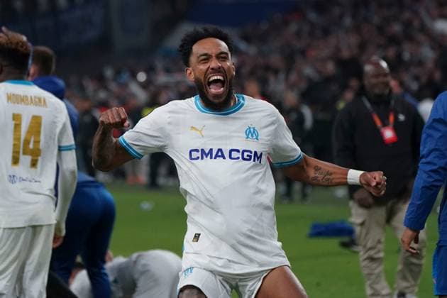 Joie - Pierre Emerick Aubameyang (Olympique de Marseille) FOOTBALL : Olympique de Marseille vs SL Benfica - Ligue Europa - Quart de finale retour - Marseille - 18 04 2024 NorbertScanella Panoramic 