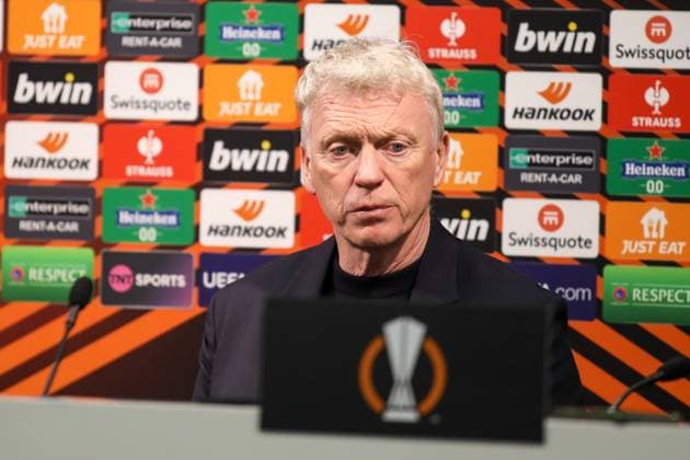 London, England, April 18th 2024: West Ham United manager David Moyes during the post match press conference, PK, Pressekonferenz after the UEFA Europa League match between West Ham United and Bayer Leverkusen at the London Stadium in London, England (Alexander Canillas SPP) Copyright: xAlexanderxCanillas SPPx spp-en-AlCa-0V1A4407