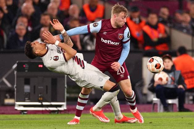 18th April 2024; London Stadium, London, England; Europa League Football, Quarter Final, Second Leg, West Ham United versus Bayer Leverkusen; Jarrod Bowen of West Ham United fouls Piero Hincapie of Bayer Leverkusen  ActionPlus12632012 ShaunxBrooks
