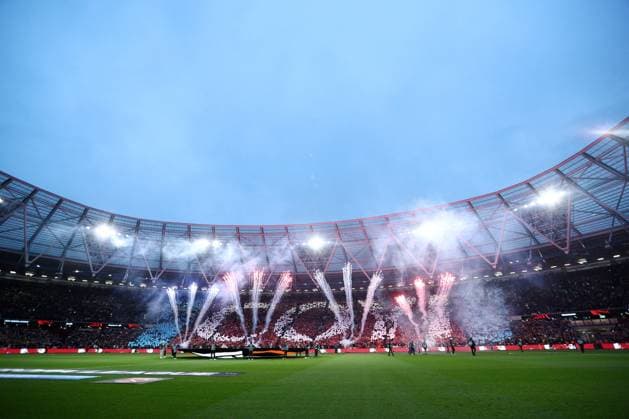 West Ham United v Bayer 04 Leverkusen, London, UK - 18 Apr 2024 A fireworks display is seen inside the stadium prior to kick-off ahead of the UEFA Europa League Quarter-Final second leg match between West Ham United and Bayer 04 Leverkusen at The London Stadium, Newham, London on Thursday 18th April 2024 London The London Stadium Newham GBR Copyright: xJamesxFearn PPAUKx PPA-108299