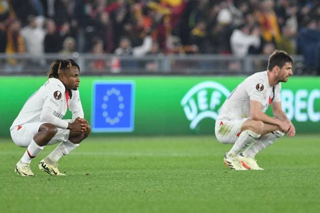 Soccer, Europa League match AS Roma v Milan Samuel Chukwueze of AC Milan,Matteo Gabbia of AC Milan show their dejection at the end of the match during the Uefa Europa League quarter final second leg match AS Roma v Milan at Olimpico stadium in Rome, Italy, 18th April, 2024. Imago-Images Emmefoto Copyright: xImago-Images Emmefotox