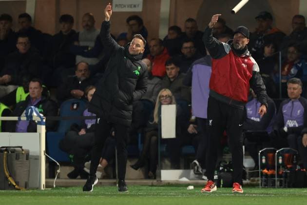 Bergamo, Italy, 18th April 2024. Pepijn Lijnders Assistant coach of Liverpool FC and Jurgen Klopp Head coach of Liverpool FC react during the UEFA Europa League match at Stadio di Bergamo , Bergamo. Picture credit should read: Jonathan Moscrop Sportimage EDITORIAL USE ONLY. No use with unauthorised audio, video, data, fixture lists, club league logos or live services. Online in-match use limited to 120 images, no video emulation. No use in betting, games or single club league player publications. SPI-3084-0082