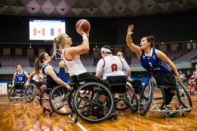2024 IWBF Womens Repechage Canada France 19 04 2024 Kady Dandeneau Canada, 13 on the ball, Marion Blais France, 2 defending 2024 IWBF Womens Repechage Canada France Asue Arena, Osaka Copyright: xBEAUTIFULxSPORTS Wunderlx