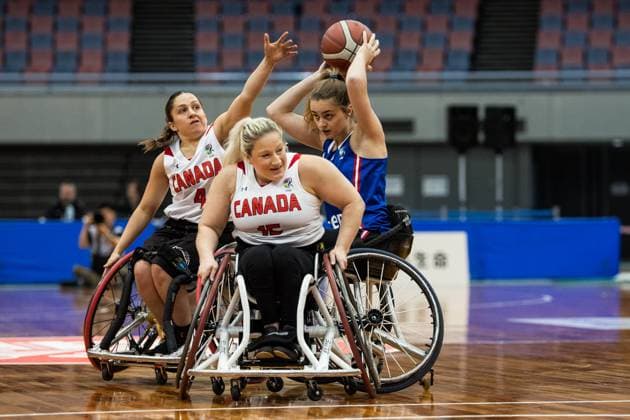 2024 IWBF Womens Repechage Canada France 19 04 2024 Rosie Lalonde Canada, 4 , Melanie Hawtin Canada, 15 , Lisa Clary Galibert France, 9 on the ball 2024 IWBF Womens Repechage Canada France Asue Arena, Osaka Copyright: xBEAUTIFULxSPORTS Wunderlx