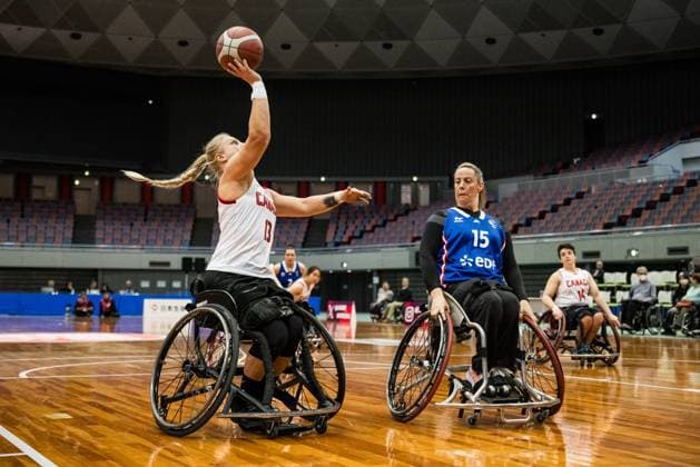 2024 IWBF Womens Repechage Canada France 19 04 2024 Kady Dandeneau Canada, 13 on the ball, Angelique Pichon France, 15 2024 IWBF Womens Repechage Canada France Asue Arena, Osaka Copyright: xBEAUTIFULxSPORTS Wunderlx