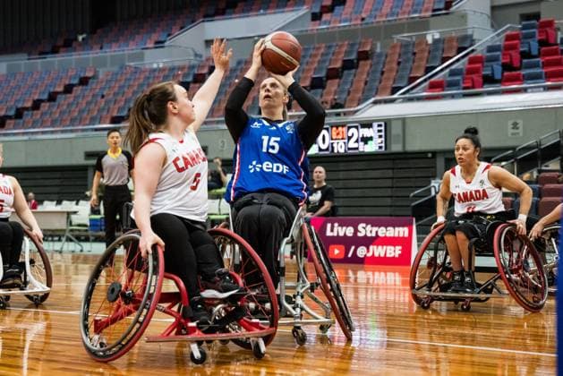2024 IWBF Womens Repechage Canada France 19 04 2024 Elodie Tessier Canada, 5 , Angelique Pichon France, 15 on the ball 2024 IWBF Womens Repechage Canada France Asue Arena, Osaka Copyright: xBEAUTIFULxSPORTS Wunderlx