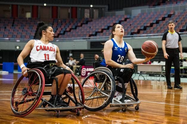 2024 IWBF Womens Repechage Canada France 19 04 2024 Tara Llanes Canada, 11 , Lucie Nolet France, 28 on the ball 2024 IWBF Womens Repechage Canada France Asue Arena, Osaka Copyright: xBEAUTIFULxSPORTS Wunderlx