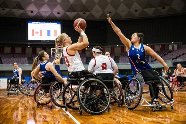 2024 IWBF Womens Repechage Canada France 19 04 2024 Kady Dandeneau Canada, 13 on the ball, Marion Blais France, 2 defending 2024 IWBF Womens Repechage Canada France Asue Arena, Osaka Copyright: xBEAUTIFULxSPORTS Wunderlx