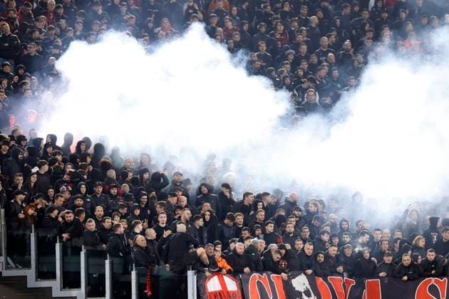 . Supporters of AC Milan, UEFA Europa League 2023 2024 - Quarter-final second leg, AS Roma vs AC Milan, Olimpico Stadium, April 18, 2024, Rome, Italy.