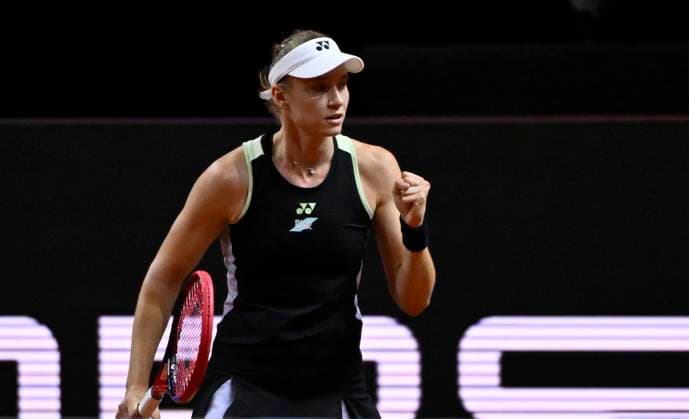 Elena Rybakina KAZ Cheering Joy Emotion Gesture Gesture after the end of the match Tennis Ladies Porsche Cup Porsche Tennis Grand Prix GP Stuttgart 2024 Porsche Arena 19 04 2024 DFL REGULATIONS PROHIBIT ANY USE OF PHOTOGRAPHS AS IMAGE SEQUENCES AND OR QUASI VIDEO Porsche Tennis Grand Prix GP Stuttgart 2024