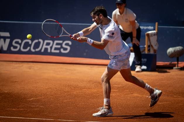 Cameron Norrie UK plays a backhand against Tomas Etcheverry Argentina during a quarterfinal ATP 500 Barcelona Open Banc Sabadell 2024 match at Real Club de Tenis de Barcelona, in Barcelona, Spain on April 19, 2024 Photo by Felipe Mondino Copyright: x@FELIPExMONDINOx