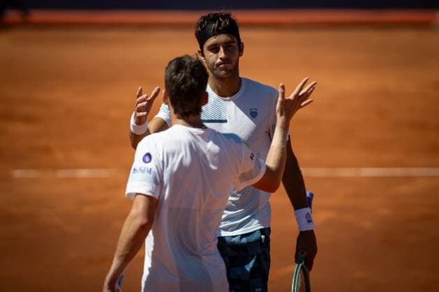 Tomas Etcheverry Argentina celebrates his victory over Cameron Norrie UK during a quarterfinal ATP 500 Barcelona Open Banc Sabadell 2024 match at Real Club de Tenis de Barcelona, in Barcelona, Spain on April 19, 2024 Photo by Felipe Mondino Copyright: x@FELIPExMONDINOx