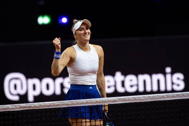 Marketa Vondrousova Czech Republic pictured celebrating winning a set, Marketa Vondrousova Czech Republic vs Aryna Sabalenka Belarus , Quarterfinals, Singles, GER, Porsche Tennis Grand Prix Stuttgart, WTA 500, 19 04 2024 GER, Porsche Tennis Grand Prix Stuttgart, WTA 500, 19 04 2024 Stuttgart Copyright: xEibner-Pressefoto Memmlerx EP_MMR