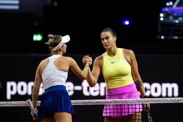 Aryna Sabalenka Belarus in the picture congratulates Marketa Vondrousova Czech Republic on her victory, Marketa Vondrousova Czech Republic vs Aryna Sabalenka Belarus , Quarterfinals, Singles, GER, Porsche Tennis Grand Prix Stuttgart, WTA 500, 19 04 2024 GER, Porsche Tennis Grand Prix Stuttgart, WTA 500, 19 04 2024 Stuttgart Copyright: xEibner-Pressefoto Memmlerx EP_MMR