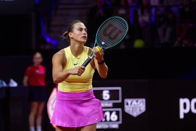 Aryna Sabalenka Belarus pictured serving, Marketa Vondrousova Czech Republic vs Aryna Sabalenka Belarus , Quarterfinals, Singles, GER, Porsche Tennis Grand Prix Stuttgart, WTA 500, 19 04 2024 GER, Porsche Tennis Grand Prix Stuttgart, WTA 500, 19 04 2024 Stuttgart Copyright: xEibner-Pressefoto Memmlerx EP_MMR