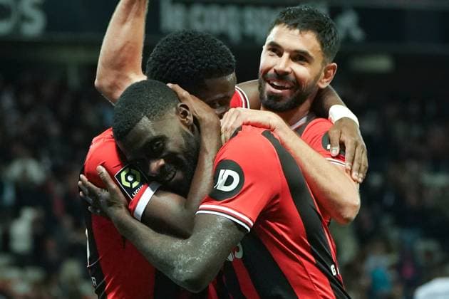 Joie - JÃ rÃ mie Boga (OGC Nice) - Morgan Sanson (OGC Nice) - Mohamed-Ali Cho (OGC Nice) FOOTBALL : OGC Nice vs FC Lorient - Ligue 1 Uber Eats - Nice - 19 04 2024 NorbertScanella Panoramic 
