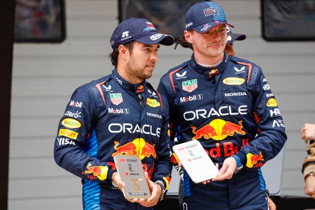 PEREZ Sergio (mex), Red Bull Racing RB20, portrait, VERSTAPPEN Max (ned), Red Bull Racing RB20, portrait Sprint Race Podium during the Formula 1 Lenovo Chinese Grand Prix 2024, 5th round of the 2024 Formula One World Championship, WM, Weltmeisterschaft from April 19 to 21, 2024 on the Shanghai International Circuit, in Shanghai, China - F1 - CHINESE GRAND PRIX 2024 DPPI Panoramic 06147
