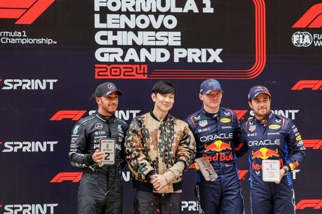 VERSTAPPEN Max (ned), Red Bull Racing RB20, portrait, PEREZ Sergio (mex), Red Bull Racing RB20, portrait, HAMILTON Lewis (gbr), Mercedes AMG F1 Team W15, portrait Sprint Race Podium during the Formula 1 Lenovo Chinese Grand Prix 2024, 5th round of the 2024 Formula One World Championship, WM, Weltmeisterschaft from April 19 to 21, 2024 on the Shanghai International Circuit, in Shanghai, China - F1 - CHINESE GRAND PRIX 2024 DPPI Panoramic 06140