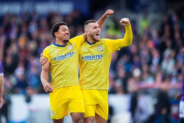 20 04 2024 Soccer, 2023 2024, 2 Bundesliga, Matchday 30, VfL Osnabrück Eintracht Braunschweig L R Anton Donkor Braunschweig celebrates after his goal to 0 1 with Hasan Kurucay Braunschweig DFL REGULATIONS PROHIBIT ANY USE OF PHOTOGRAPHS AS IMAGE SEQUENCES AND OR QUASI VIDEO
