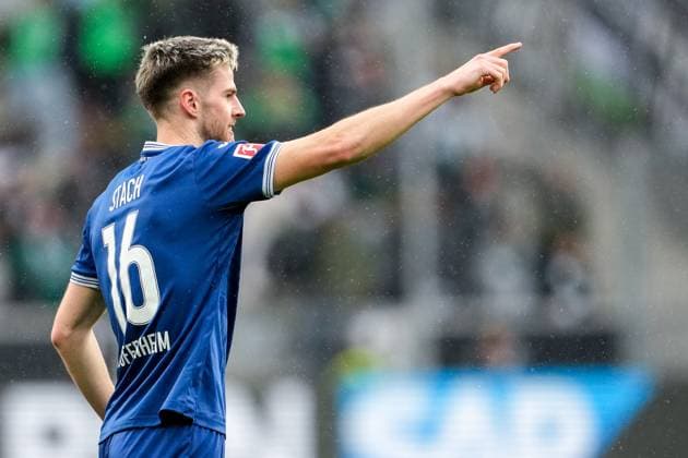 Goalscorer Anton Stach Hoffenheim, 16 , TSG 1899 Hoffenheim player, cheers about the goal to 4 3, cheer, cheer, goal celebration, celebrate the goal, goal, celebration, cheering about the goal, optimistic, game scene, highlight, single image, action, action, 20 04 2024, Sinsheim Germany , football, Bundesliga, TSG 1899 Hoffenheim Borussia Mönchengladbach, DFB DFL REGULATIONS PROHIBIT ANY USE OF PHOTOGRAPHS AS IMAGE SEQUENCES AND OR QUASI VIDEO xozx
