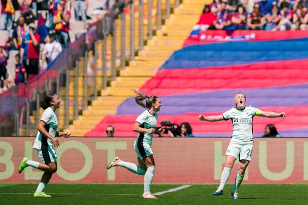 (240421) -- BARCELONA, April 21, 2024 -- Chelsea s Erin Cuthbert (R) celebrates her goal during the UEFA Women s Champions League semifinal between Barcelona and Chelsea in Barcelona, Spain, on April 20, 2024. (Photo by Xinhua) (SP)SPAIN-BARCELONA-FOOTBALL-UEFA WOMEN S CHAMPIONS LEAGUE-BARCELONA VS CHELSEA JoanxGosa 