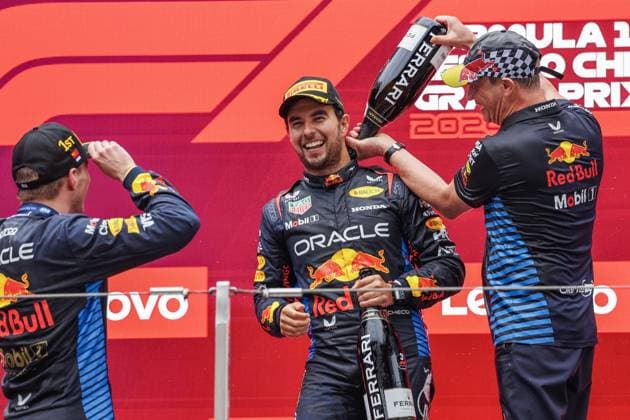 PEREZ Sergio (mex), Red Bull Racing RB20, portrait podium during the Formula 1 Lenovo Chinese Grand Prix 2024, 5th round of the 2024 Formula One World Championship, WM, Weltmeisterschaft from April 19 to 21, 2024 on the Shanghai International Circuit, in Shanghai, China - F1 - CHINESE GRAND PRIX 2024 DPPI Panoramic  13270