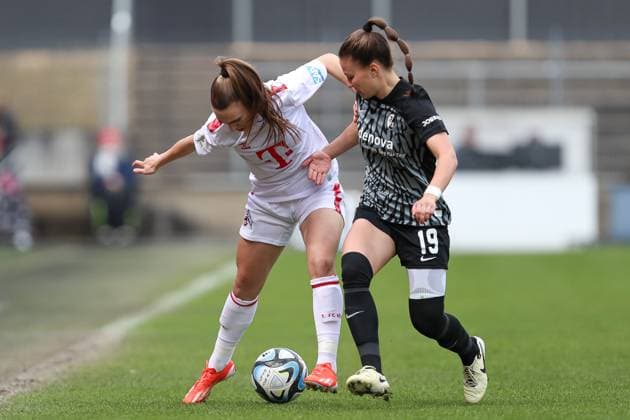 Alena Bienz 1 FC Koeln and Annabel Schasching SC Freiburg in a duel, Frauen Bundesliga, 1 FC Koeln SC Freiburg, Franz Kremer Stadion on April 21, 2024 in Cologne, Germany Photo by Oliver Kaelke DeFodi Images Alena Bienz 1 FC Koeln and Annabel Schasching SC Freiburg battle for the ball, Frauen Bundesliga, 1 FC Koeln SC Freiburg, Franz Kremer Stadion on April 21, 2024 in Cologne, Germany Photo by Oliver Kaelke DeFodi Images Defodi 678 2024 04 121 OK FCKSCF 0356 Defodi-678
