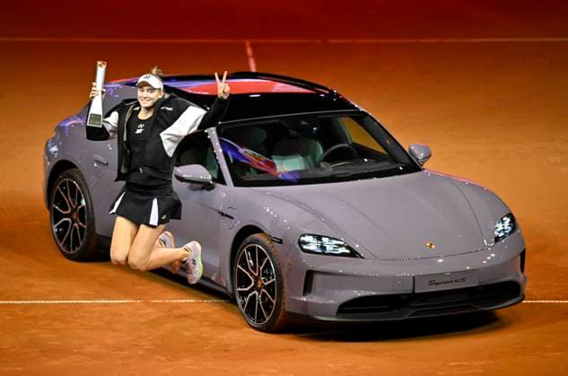 Award ceremony, honoring Elena Rybakina KAZ with trophy in front of winning car Porsche Taycan 4S Sport Turismo jumping jubilation joy emotion tennis ladies Porsche Cup Porsche Tennis Grand Prix GP Stuttgart 2024 Porsche Arena 21 04 2024 DFL REGULATIONS PROHIBIT ANY USE OF PHOTOGRAPHS AS IMAGE SEQUENCES AND OR QUASI VIDEO Porsche Tennis Grand Prix GP Stuttgart 2024