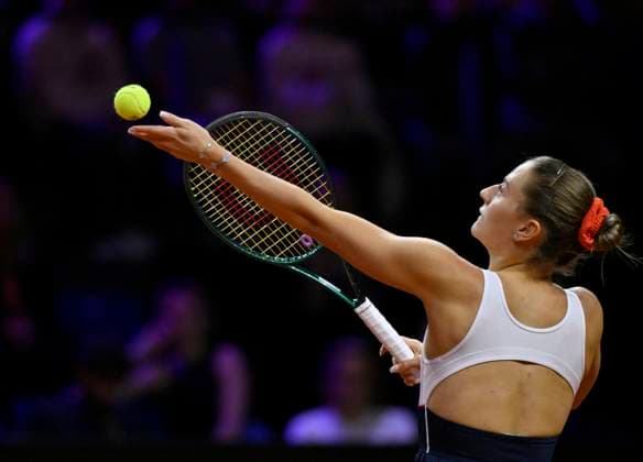 Marta Kostyuk UKR Action Serve Tennis Ladies Porsche Cup Porsche Tennis Grand Prix GP Stuttgart 2024 Porsche Arena 21 04 2024 DFL REGULATIONS PROHIBIT ANY USE OF PHOTOGRAPHS AS IMAGE SEQUENCES AND OR QUASI VIDEO Porsche Tennis Grand Prix GP Stuttgart 2024