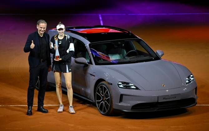 Award ceremony, honoring Elena Rybakina KAZ with trophy in front of winning car Porsche Taycan 4S Sport Turismo with Chairman of the Board Volkswagen and Porsche AG Oliver Blume Tennis Ladies Porsche Cup Porsche Tennis Grand Prix GP Stuttgart 2024 Porsche Arena 21 04 2024 DFL REGULATIONS PROHIBIT ANY USE OF PHOTOGRAPHS AS IMAGE SEQUENCES AND OR QUASI VIDEO Porsche Tennis Grand Prix GP Stuttgart 2024