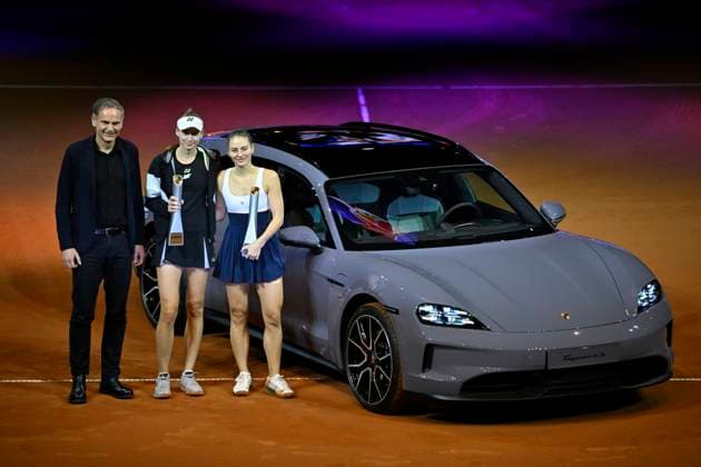 Award ceremony, honoring Elena Rybakina KAZ with trophy in front of winning car Porsche Taycan 4S Sport Turismo with Marta Kostyuk UKR Chairman of the Board Volkswagen and Porsche AG Oliver Blume Tennis Ladies Porsche Cup Porsche Tennis Grand Prix GP Stuttgart 2024 Porsche Arena 21 04 2024 DFL REGULATIONS PROHIBIT ANY USE OF PHOTOGRAPHS AS IMAGE SEQUENCES AND OR QUASI VIDEO Porsche Tennis Grand Prix GP Stuttgart 2024