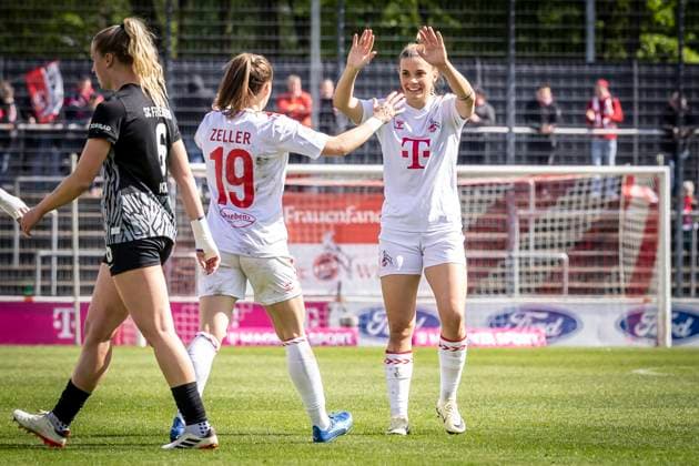 GOOGLE PIXEL Womens Bundesliga 1 FC Köln SC Freiburg, 21 04 2024 Goal celebration to 2 0 by Selina Cerci 1 FC Köln, 29 with Dora Zeller 1 FC Köln, 19 GOOGLE PIXEL Womens Bundesliga 1 FC Köln SC Freiburg, 19 Matchday, on 21 04 2024 at Franz Kremer Stadium in Cologne DFL REGULATIONS PROHIBIT ANY USE OF PHOTOGRAPHS AS IMAGE SEQUENCES AND OR QUASI VIDEO Copyright: xBEAUTIFULxSPORTS LeahxKohringx