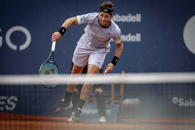 Casper Ruud Norway plays forehand shot against Stefanos Tsitsipas Greece during the final ATP 500 Barcelona Open Banc Sabadell 2024 match at Real Club de Tenis de Barcelona, in Barcelona, Spain on April 21, 2024 Photo by Felipe Mondino Copyright: x@FELIPExMONDINOx