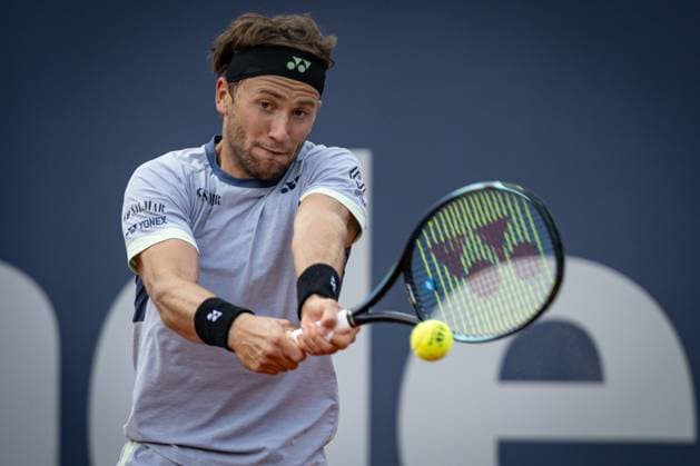 Casper Ruud Norway plays a backhand against Stefanos Tsitsipas Greece during the final ATP 500 Barcelona Open Banc Sabadell 2024 match at Real Club de Tenis de Barcelona, in Barcelona, Spain on April 21, 2024 Photo by Felipe Mondino Copyright: x@FELIPExMONDINOx