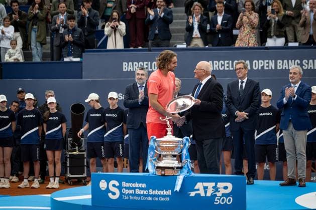 Stefanos Tsitsipas Greece received de finalist trophy after the final ATP 500 Barcelona Open Banc Sabadell 2024 match at Real Club de Tenis de Barcelona, in Barcelona, Spain on April 21, 2024 Photo by Felipe Mondino Copyright: x@FELIPExMONDINOx