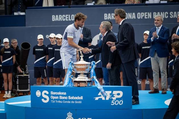 Casper Ruud Norway received the Conde de Godo trophy after the final ATP 500 Barcelona Open Banc Sabadell 2024 match at Real Club de Tenis de Barcelona, in Barcelona, Spain on April 21, 2024 Photo by Felipe Mondino Copyright: x@FELIPExMONDINOx