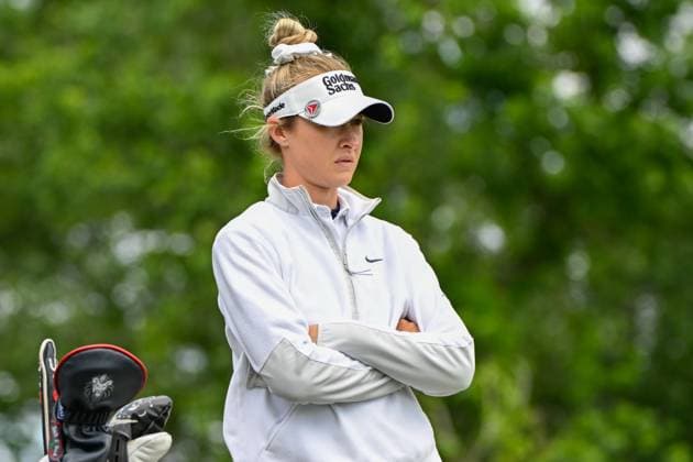 THE WOODLANDS, TX - APRIL 21: Nelly Korda (USA) looks over her tee shot on 3 during the final round of the Chevron Championship at The Club at Carlton Woods on April 21, 2024 in The Woodlands, Texas. (Photo by Ken Murray Icon Sportswire) GOLF: APR 21 LPGA, Golf Damen The Chevron Championship EDITORIAL USE ONLY Icon240421056