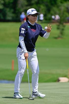THE WOODLANDS, TX - APRIL 21: Minami Katsu (JPN) after sinking her birdie putt on 9 during the final round of the Chevron Championship at The Club at Carlton Woods on April 21, 2024 in The Woodlands, Texas. (Photo by Ken Murray Icon Sportswire) GOLF: APR 21 LPGA, Golf Damen The Chevron Championship EDITORIAL USE ONLY Icon240421069