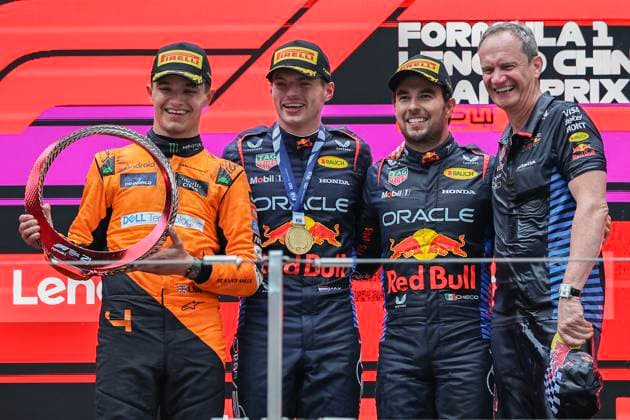 Formula 1 Grand Prix of China 2024 21 04 2024, Shanghai International Circuit, Shanghai, Formula 1 Grand Prix of China 2024 ,in the picture winner Max Verstappen NLD , Oracle Red Bull Racing, 2nd place for Lando Norris GBR , McLaren F1 Team, 3rd place for Sergio Perez MEX , Oracle Red Bull Racing nordphotoxGmbHx xBratic nph00250