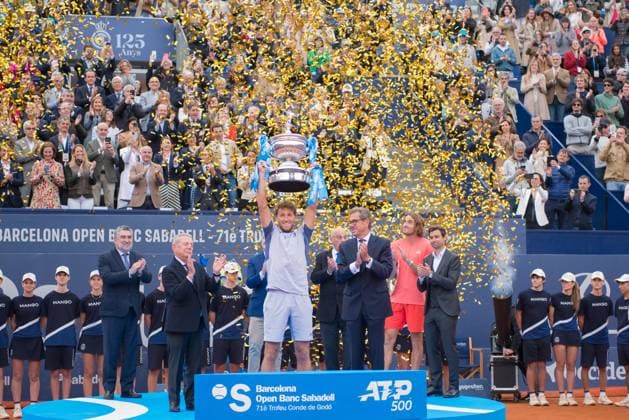 April 21, 2024: CASPER RUUD celebrates on the podium during the Barcelona Open Banc Sabadell 2024 after victory against STEFANOS TSITSIPAS. CASPER RUUD won the match 7-5 6-3. This was CASPER RUUDÃ¢â‚¬â ¢s 1st victory at the tournament. - ZUMAr159 20240421_aap_r159_030 Copyright: xPatriciaxRodriguesx