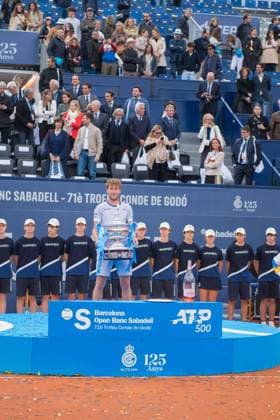 April 21, 2024: CASPER RUUD celebrates on the podium during the Barcelona Open Banc Sabadell 2024 after victory against STEFANOS TSITSIPAS. CASPER RUUD won the match 7-5 6-3. This was CASPER RUUDÃ¢â‚¬â ¢s 1st victory at the tournament. - ZUMAr159 20240421_aap_r159_029 Copyright: xPatriciaxRodriguesx