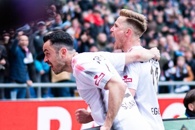 21 04 2024 Soccer, 2023 2024, 1 Bundesliga, Matchday 30, Hannover 96 FC St Pauli R Johannes Eggestein Pauli celebrates after his goal for 1 2 with L Manolis Saliakas Pauli DFL REGULATIONS PROHIBIT ANY USE OF PHOTOGRAPHS AS IMAGE SEQUENCES AND OR QUASI VIDEO