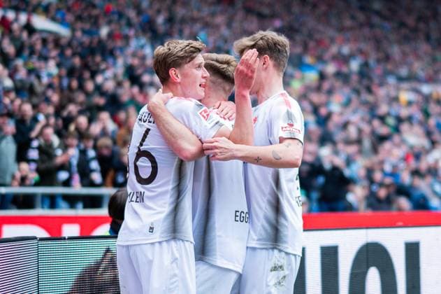 21 04 2024 Soccer, 2023 2024, 1 Bundesliga, Matchday 30, Hannover 96 FC St Pauli M Johannes Eggestein Pauli celebrates after his goal to 1 2 with L Aljoscha Kemlein Pauli , R David Nemeth Pauli DFL REGULATIONS PROHIBIT ANY USE OF PHOTOGRAPHS AS IMAGE SEQUENCES AND OR QUASI VIDEO