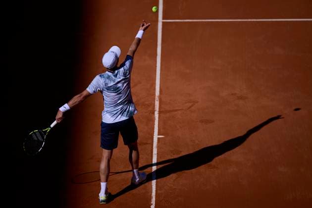 Mutua Madrid Open - Day One Facundo Bagnis of Argentina serves against David Goffin of Belgium during day one of the Mutua Madrid Open 2024 at Caja Magica on April 22, 2024, in Madrid, Spain. Madrid Caja Magica Madrid Spain RL_MMO24_037 Copyright: xRicardoxLarreinax