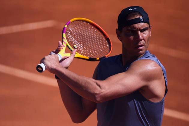 Mutua Madrid Open - Day One Rafael Nadal of Spain returns a shot during a training session of the day one of the Mutua Madrid Open 2024 at Caja Magica on April 22, 2024, in Madrid, Spain. Madrid Caja Magica Madrid Spain RL_MMO24_065 Copyright: xRicardoxLarreinax