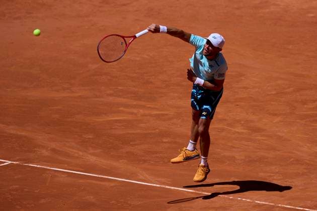 Mutua Madrid Open - Day One Radu Albot of Moldova serves against Pedro Martinez of Spain during day one of the Mutua Madrid Open 2024 at Caja Magica on April 22, 2024, in Madrid, Spain. Madrid Caja Magica Madrid Spain RL_MMO24_103 Copyright: xRicardoxLarreinax